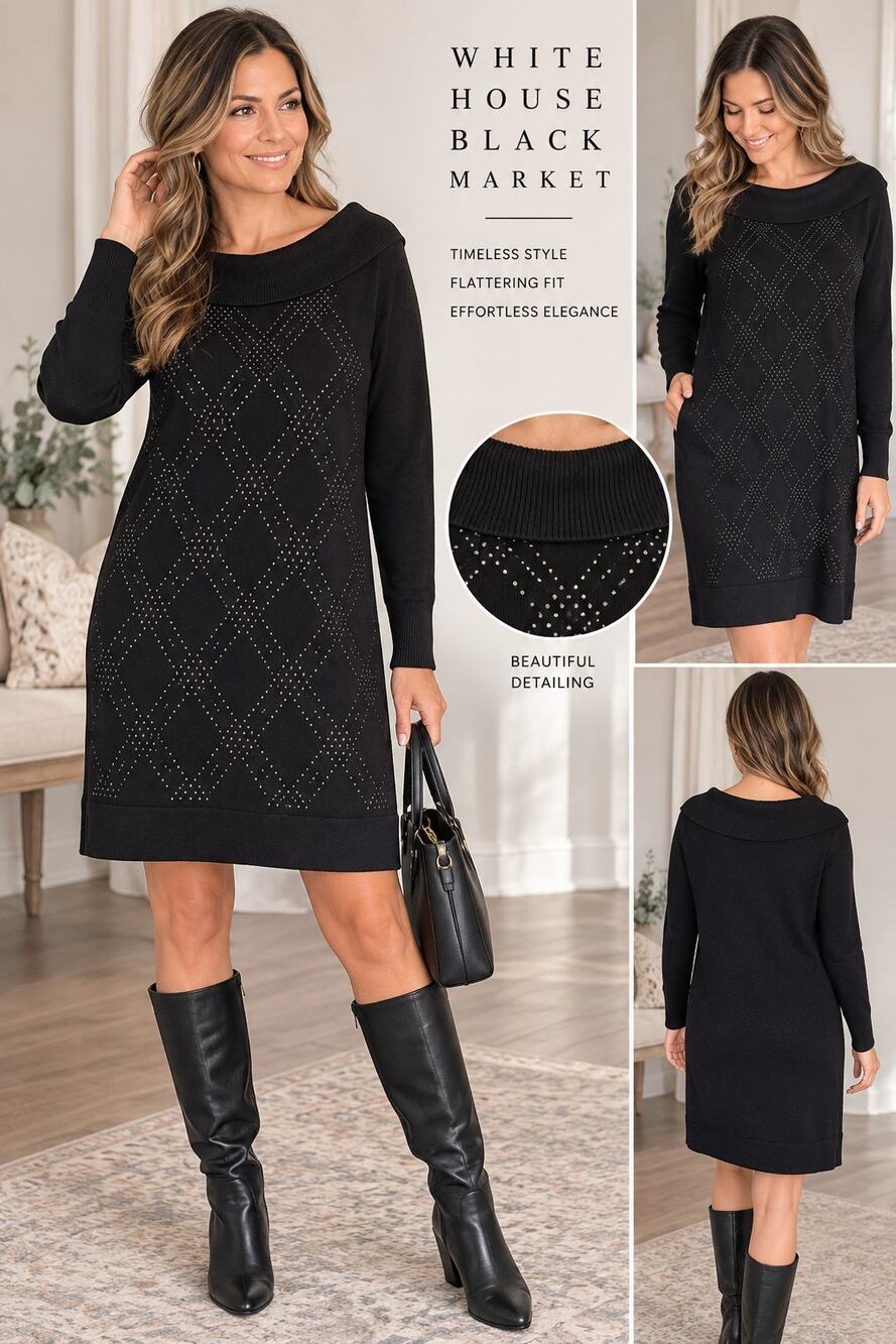 White House Black Market Black Knit Sweater Dress Rhinestone Diamond Detail S